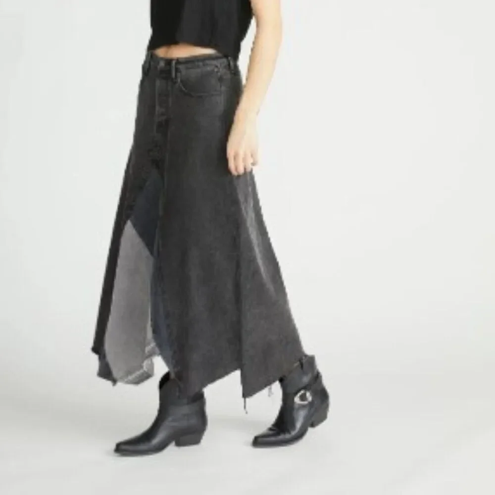 Free People Driftwood Katie Midi Maxi Skirt Denim Black Gray Frayed in Size 28